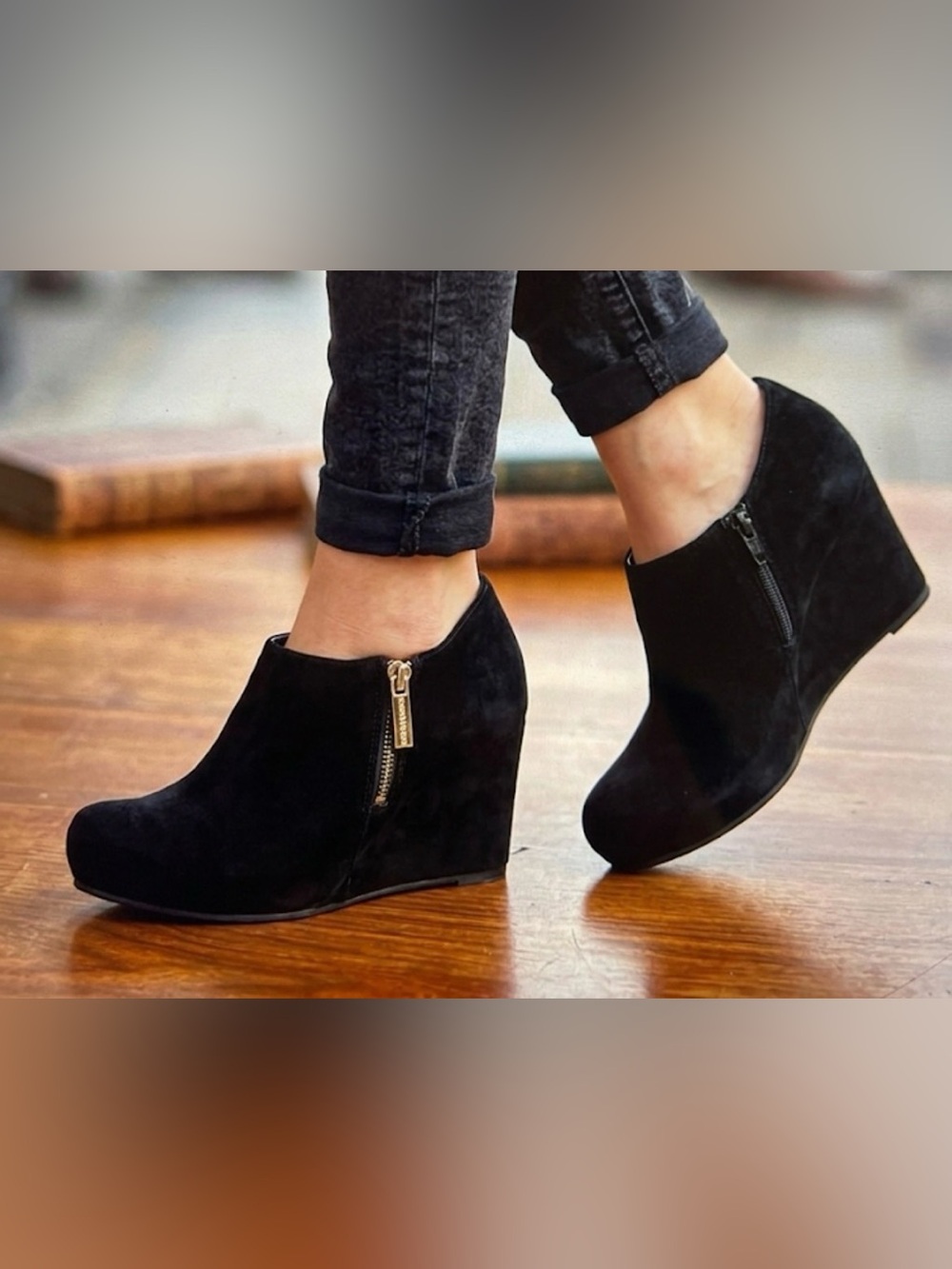 Sacha London Black Suede Wedge Ankle Boots